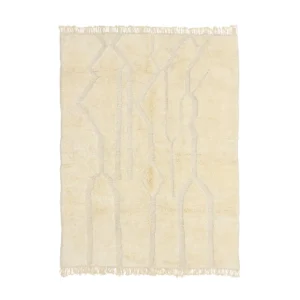 Beige luxury area rug featuring abstract linear designs with fringe on the edges.