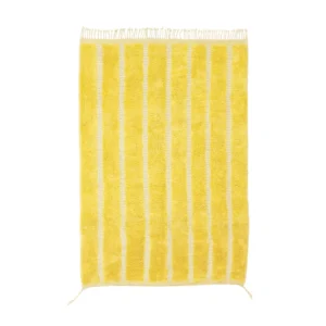 A luxurious yellow rectangular rug featuring vertical cream stripes and hand-knotted fringed edges, perfect for adding a touch of elegance to any space.