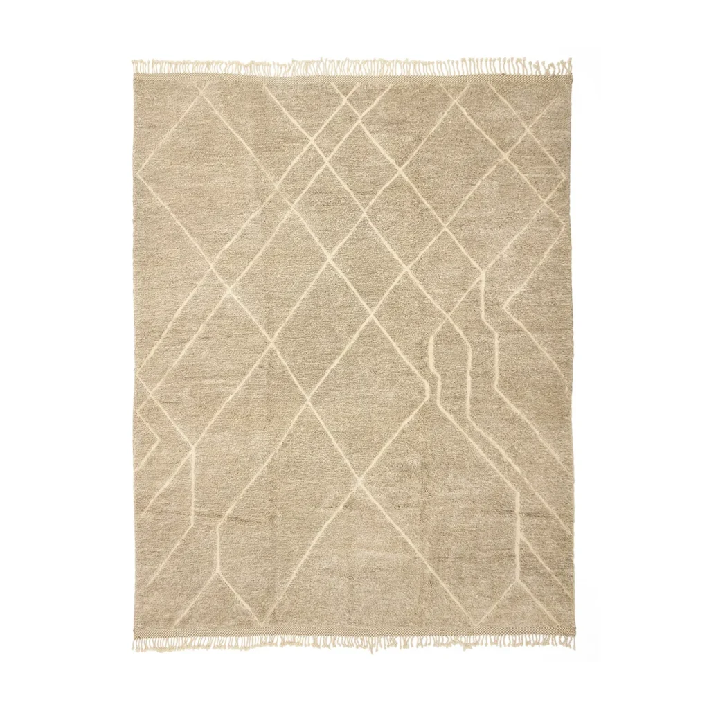 Hand-knotted beige rug featuring a geometric pattern of intersecting lines and fringes on the ends, showcasing artisanal craftsmanship.