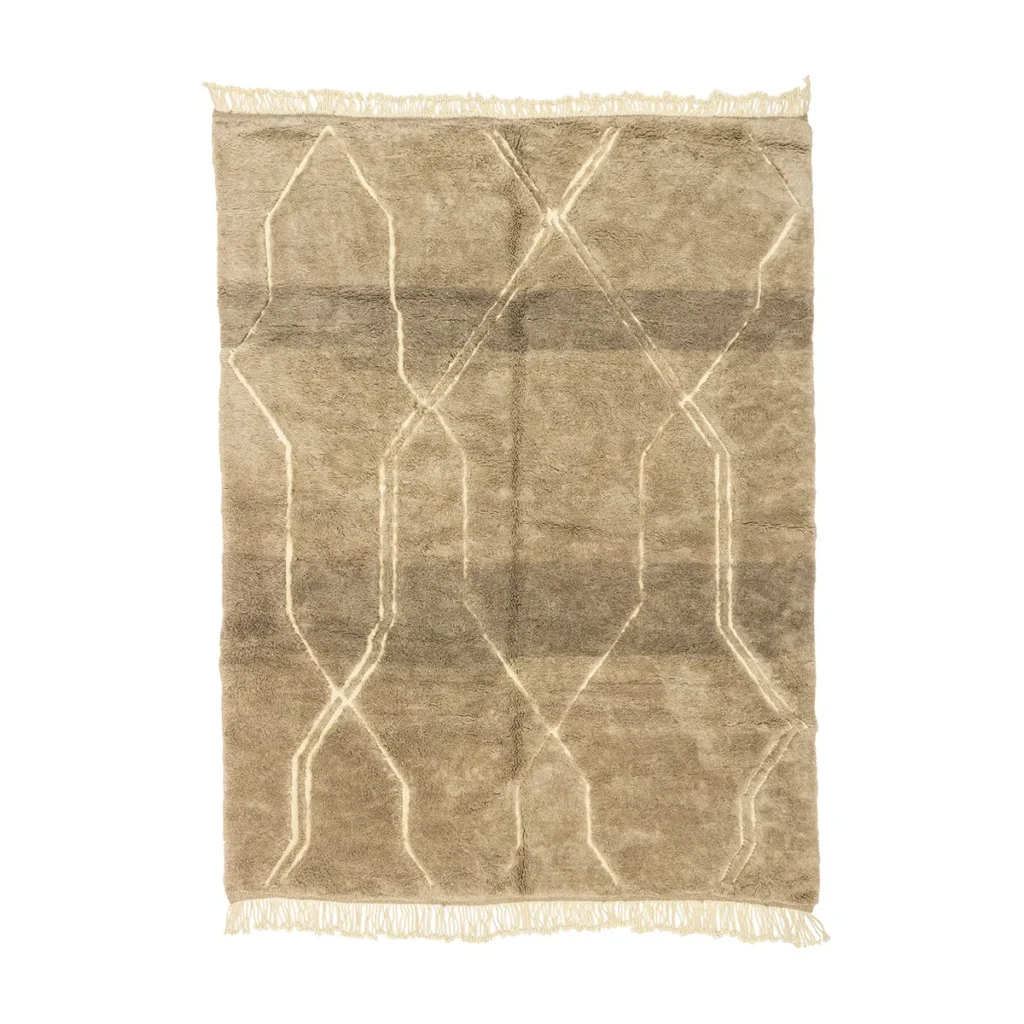 An artisanal rug in beige displays a striking geometric pattern, enhanced by fringed edges on all sides. This hand-knotted piece brings an authentic touch to any space.
