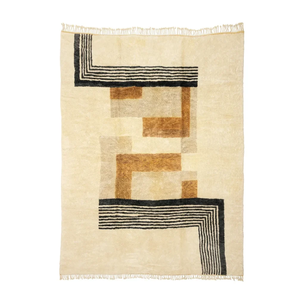 Experience the elegance of an artisanal rug that boasts geometric patterns in brown and black. This hand-knotted piece features lines, rectangles, and textured areas in a symmetrical design, complete with fringes on the top and bottom edges.