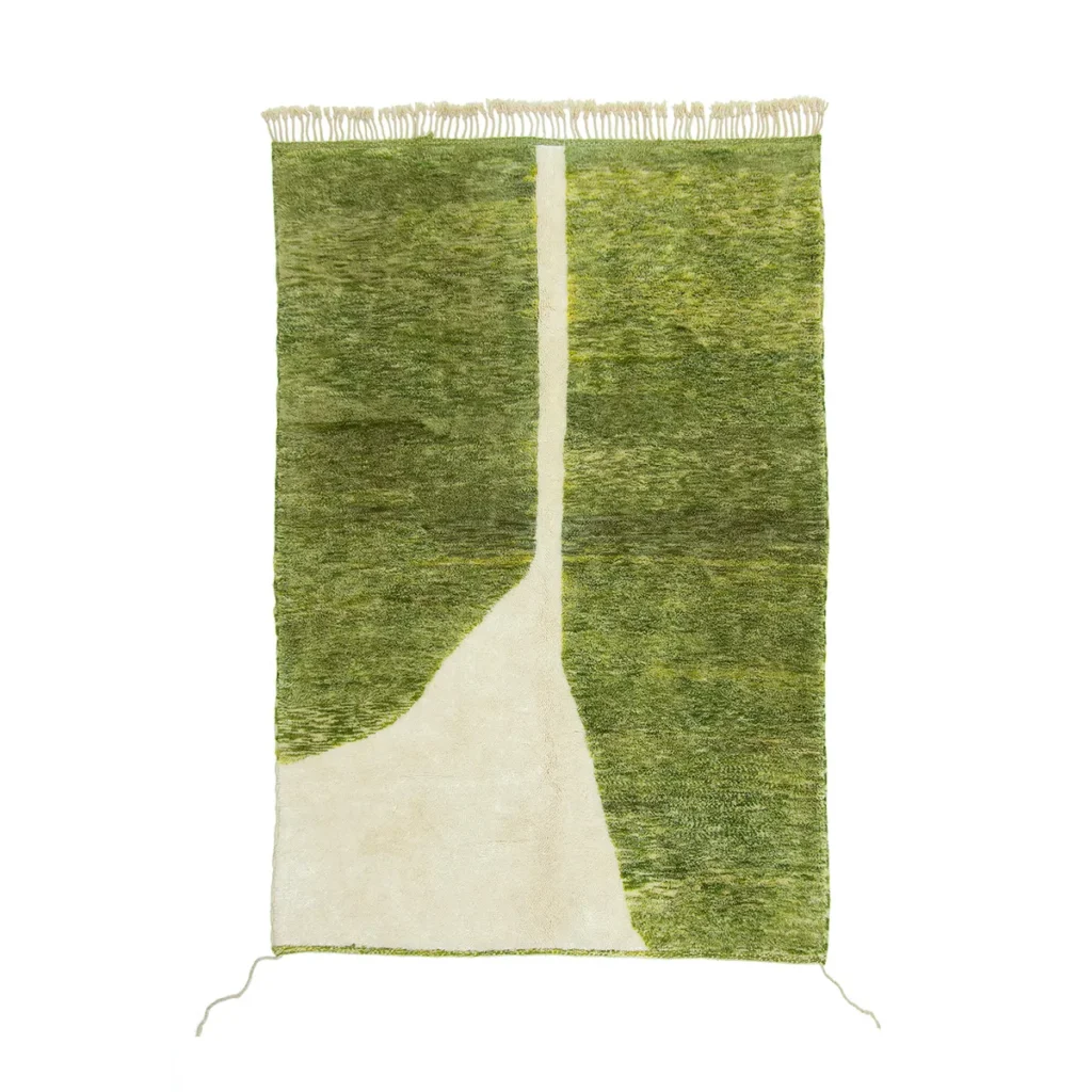 Green and white woven tapestry with a central vertical fringe, depicting abstract natural forms, this piece is an authentic Moroccan rug. Crafted with attention to detail, it honors artisanal traditions.