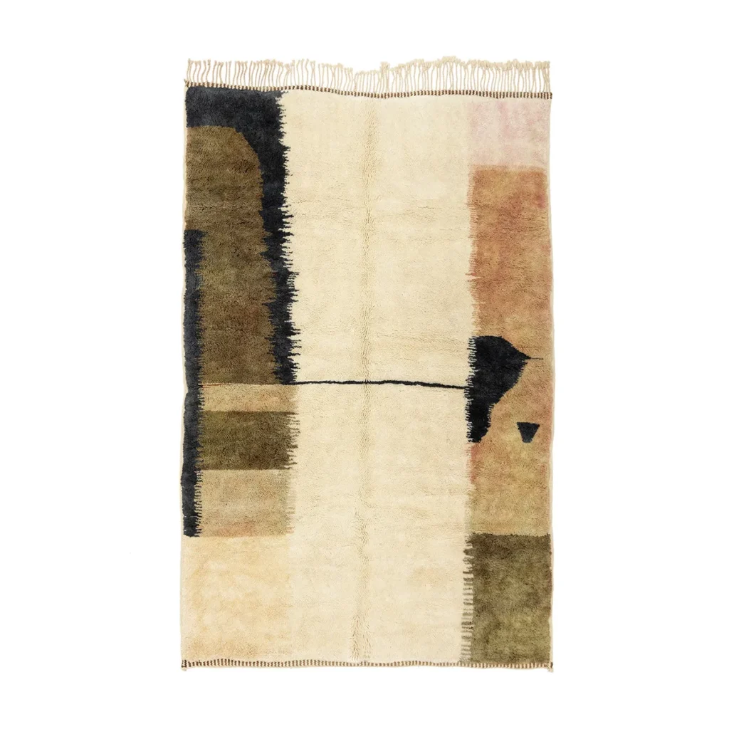 This hand-knotted rectangular abstract rug features beige, brown, and black geometric patterns, enhanced with fringes on the shorter sides.