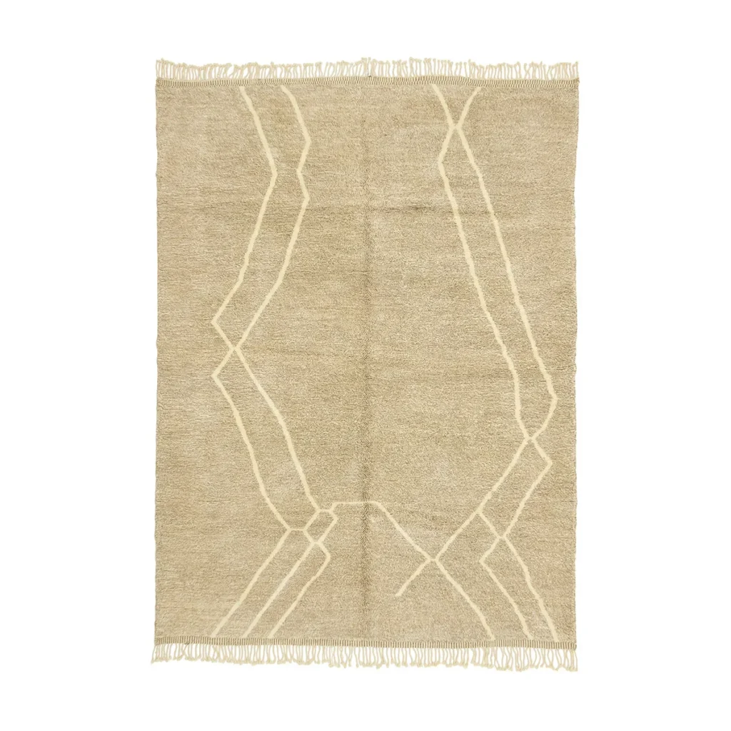 This beige hand-knotted rug showcases an abstract geometric pattern with light lines and fringe edges, exuding the charm of authentic Moroccan rugs.