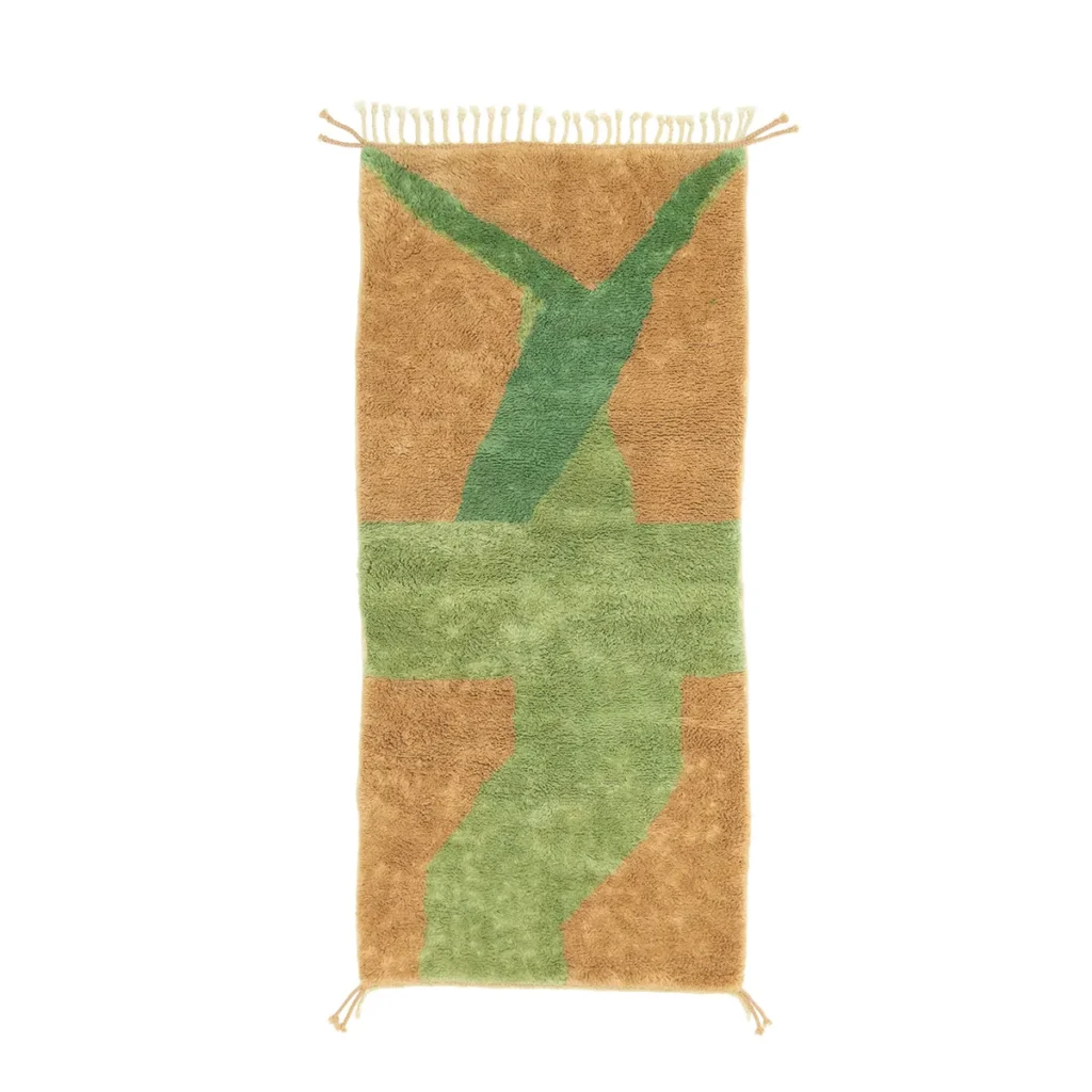 Experience luxury with this hand-knotted, rectangular rug featuring abstract green and brown patterns and short fringe on the edges.