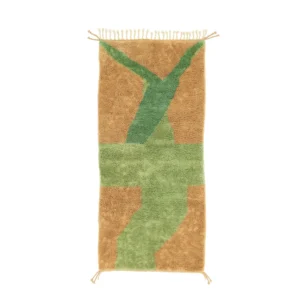 Experience luxury with this hand-knotted, rectangular rug featuring abstract green and brown patterns and short fringe on the edges.