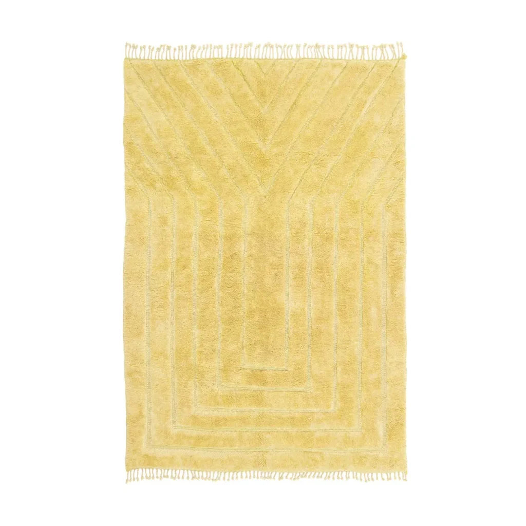 Artisanal yellow rectangular rug featuring a textured geometric pattern and fringed edges, crafted in the style of authentic Moroccan rugs.