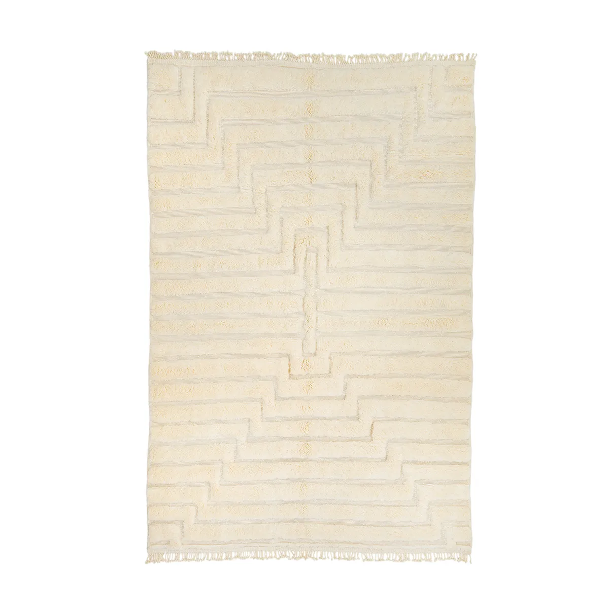 A beige rug with a textured zigzag pattern and fringed edges.