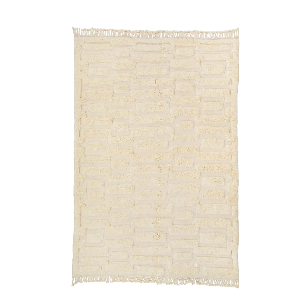 A rectangular beige rug with a textured brick-like pattern and fringed edges.