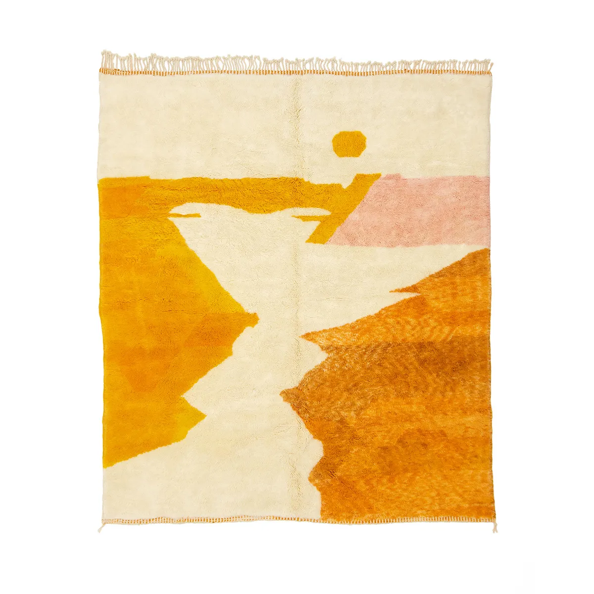 Rectangular rug with abstract design in yellow, orange, pink, and cream colors. Features fringed edges at the top.