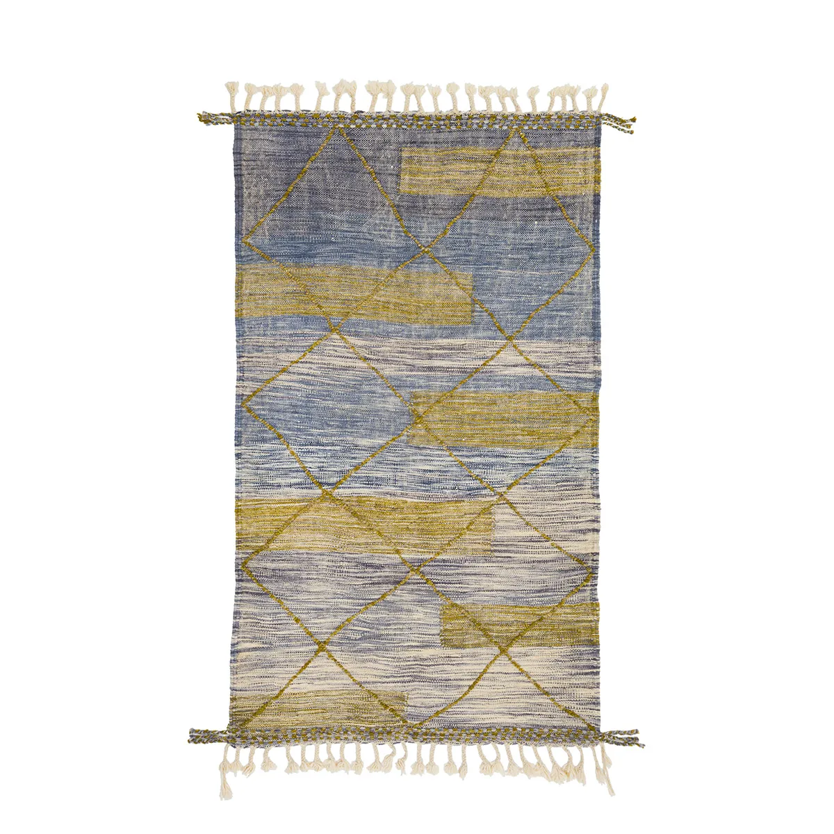 A rectangular rug with a geometric pattern in blue, yellow, and cream tones. It features fringes on both ends.