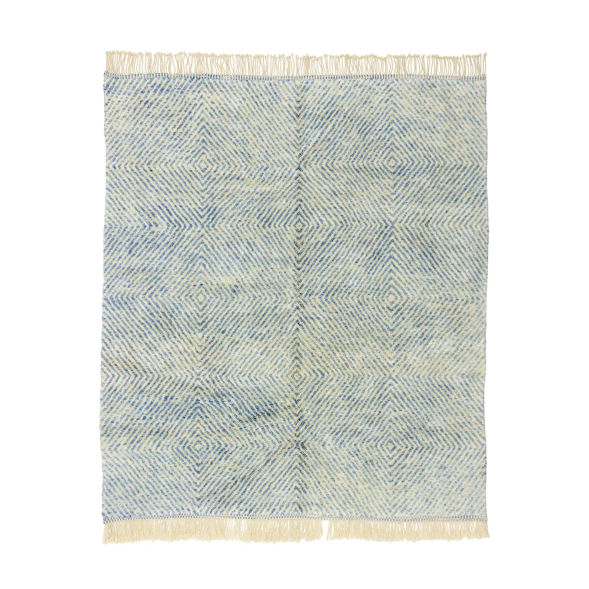 A square woven rug with a blue and white diamond pattern, featuring fringed edges.