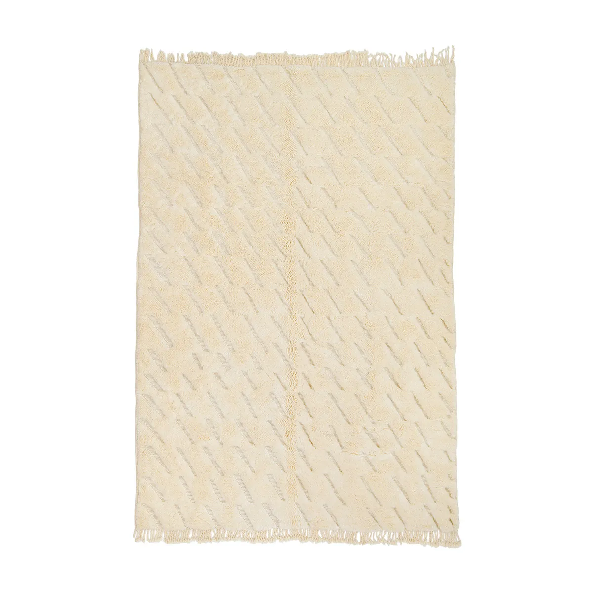 Beige rug with subtle diagonal lines and fringed edges.