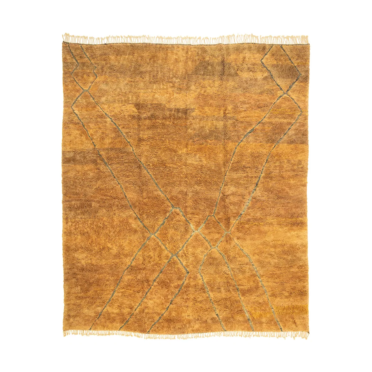 Square brown rug with abstract intersecting line patterns and fringed edges.