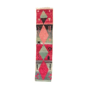 A long, narrow rug with geometric patterns in shades of red, green, blue, and black.
