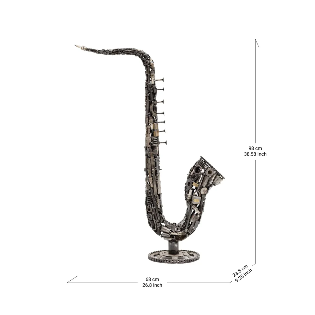 A sculpture of a saxophone made from various metal components, measuring 98 cm tall and 68 cm wide.