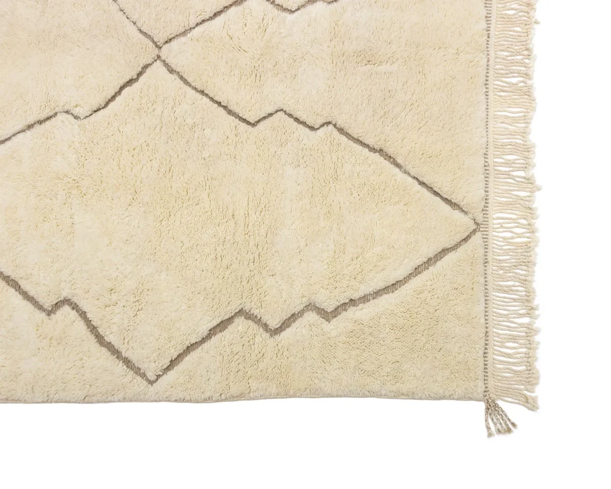 Beige rug with a textured diamond pattern and fringed edges, partially visible.