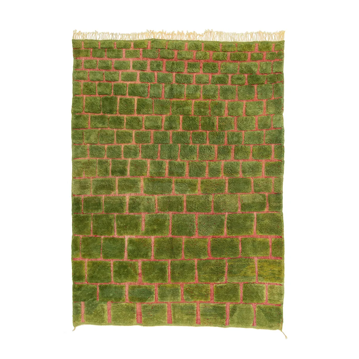 A rectangular rug with a green grass-like texture and a brick pattern with reddish-brown lines.