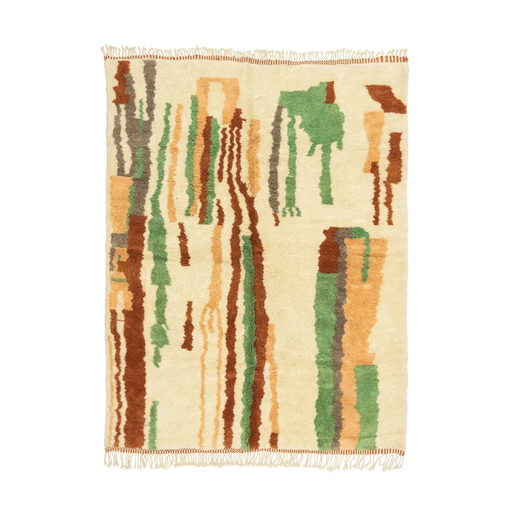 Hand-knotted Rug with an abstract design featuring vertical patterns in green, brown, orange, and beige shades. The edges have short fringes.