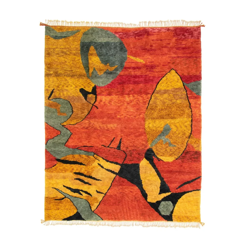 Berber Rug featuring an abstract design with orange, yellow, green, and black shapes. The pattern resembles leaves and organic forms.