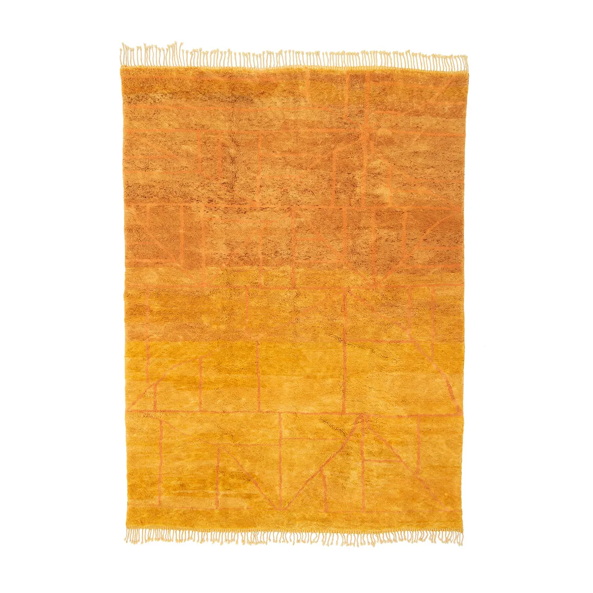 Rectangular orange and yellow rug with abstract geometric patterns and fringed edges, laid flat.