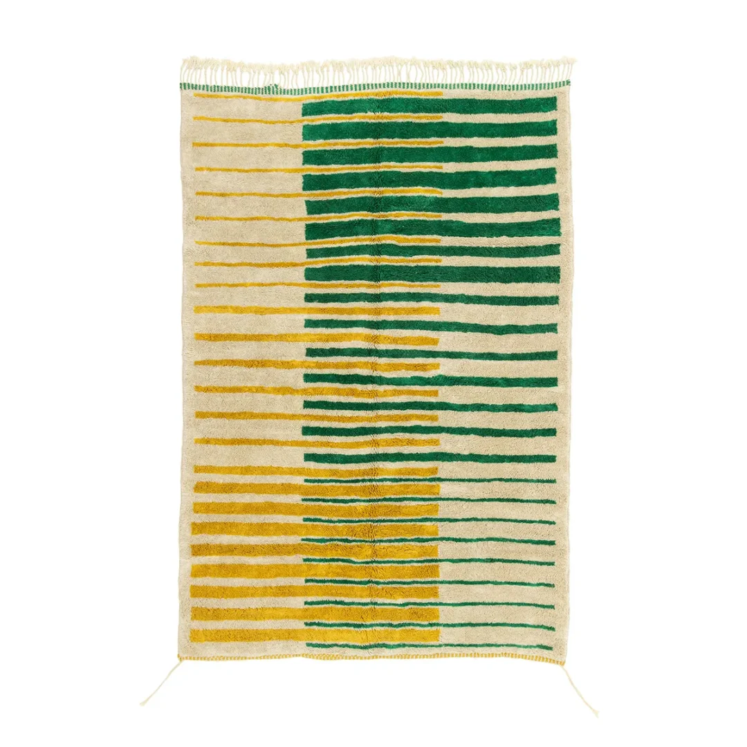 A rectangular rug with alternating vertical stripes of yellow and green on a cream background. The stripes vary in thickness and are aligned in rows.