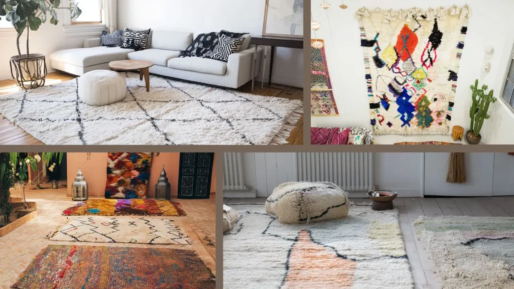 Collage of four bohemian-style interiors featuring colorful and patterned rugs on wooden floors with plants and seating arrangements.