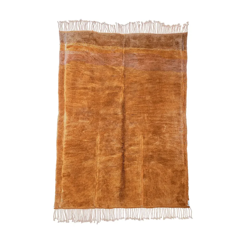 A rectangular, brown textured rug with fringed edges on the shorter sides, photographed on a white background.