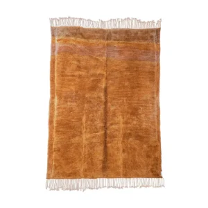 A rectangular, brown textured rug with fringed edges on the shorter sides, photographed on a white background.