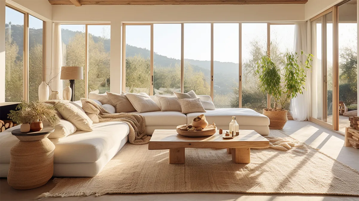 Bright living room with large windows, white sectional sofa, wooden coffee table, potted plants, and a view of trees and hills outside.