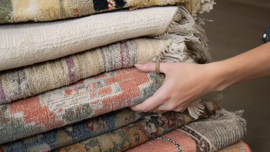 A person holding a stack of folded, patterned rugs with fringed edges.