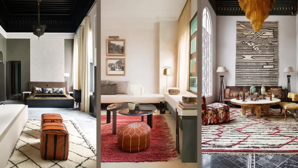 Triptych of interior designs: first with a gray couch and orange poufs, second with a white seating area and orange pouf, third with a patterned rug and two round tables.