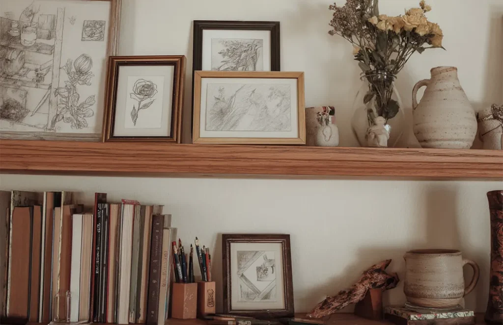 A wooden shelf with framed sketches, books, pencils in a holder, ceramic vases, and dried flowers.
