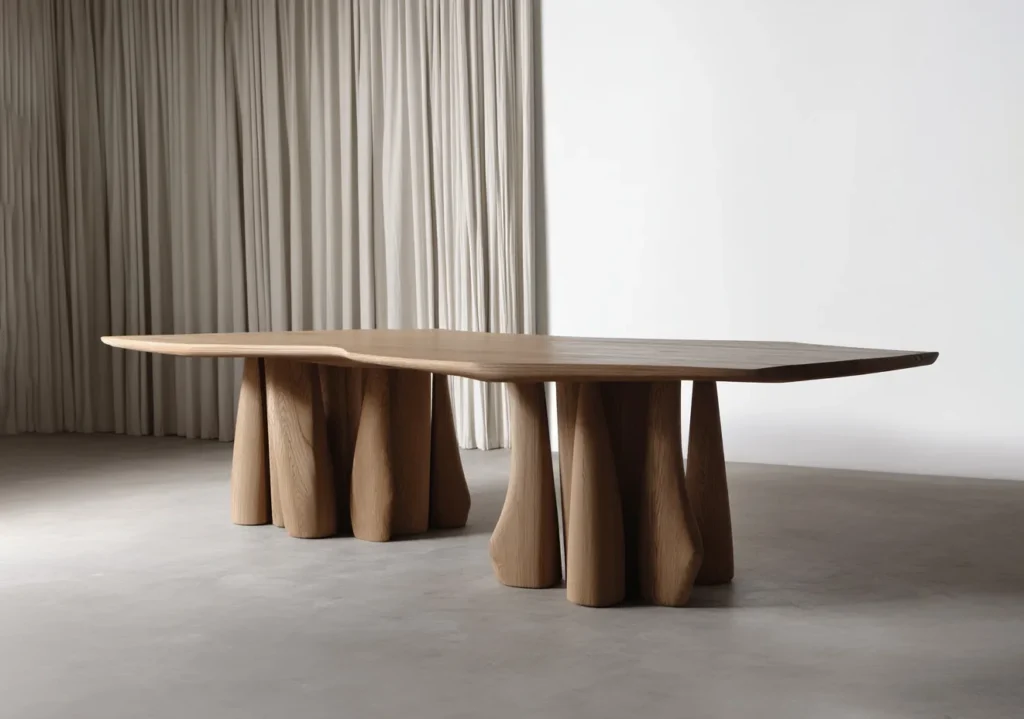 A large wooden table with a unique, wavy top and multiple sculptural, column-like legs, positioned in a minimalist room with light gray curtains.