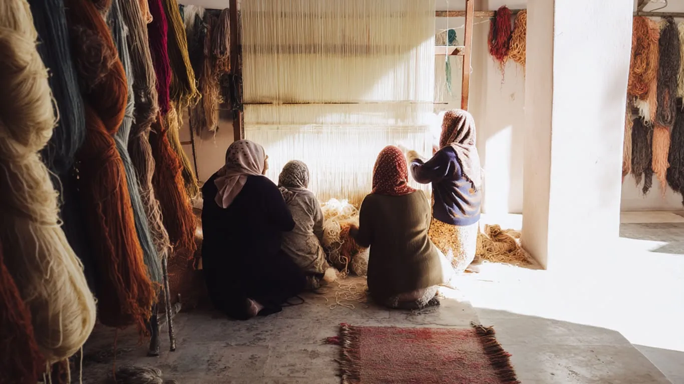 Four people wearing headscarves sit and work on a vertical loom in a sunlit room, surrounded by hanging skeins of colored yarn.