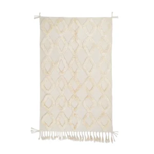 A rectangular cream-colored rug with a geometric diamond pattern and fringes on both shorter ends.