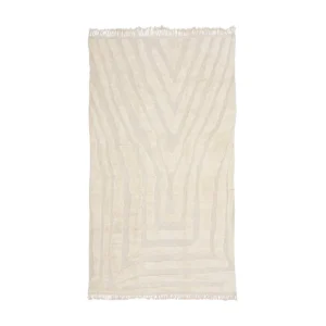 Rectangular cream-colored rug with subtle geometric line patterns and fringe on both shorter edges, displayed on a white background.