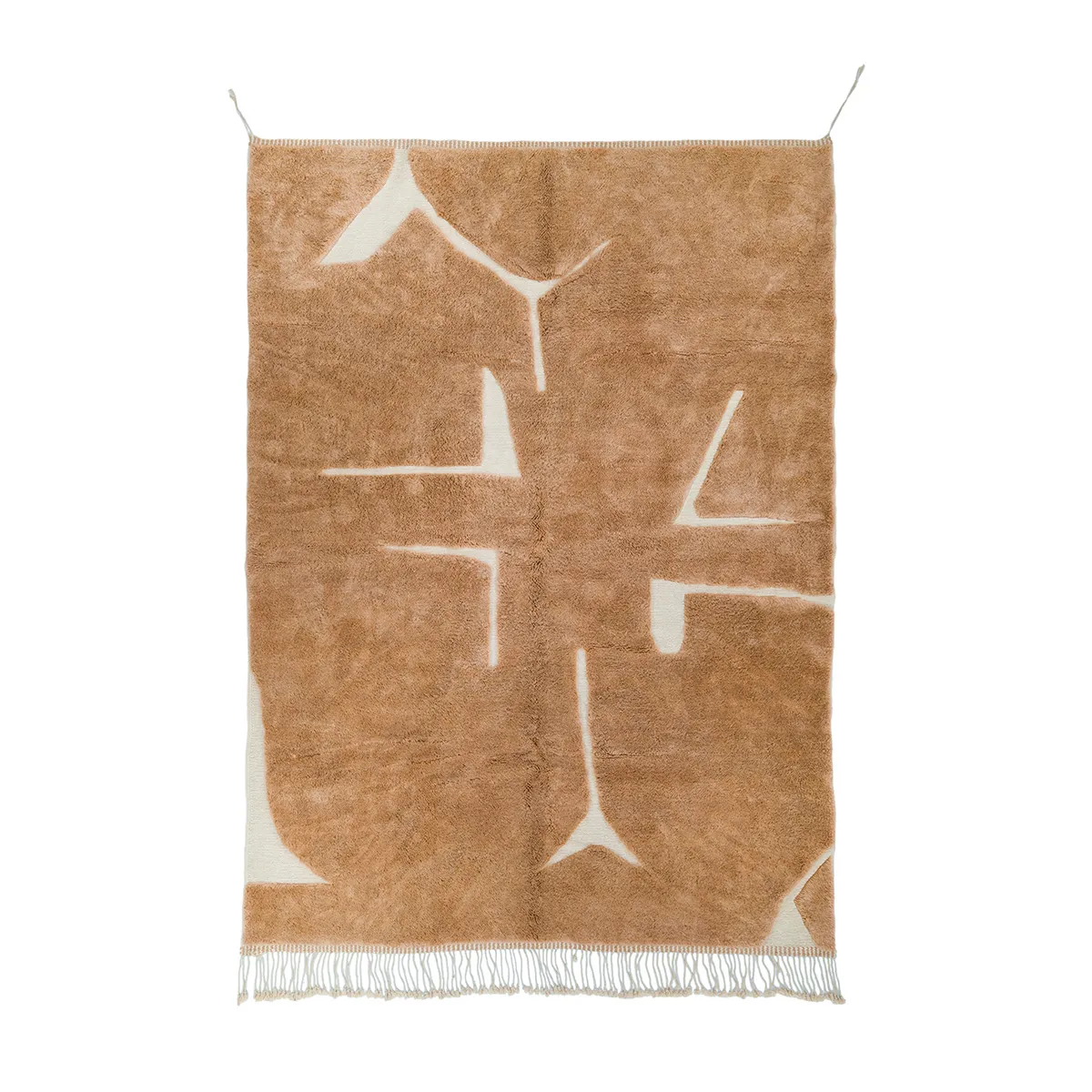 Beige and white woven wall hanging with abstract geometric shapes and fringe along the bottom edge, suspended by two cords.