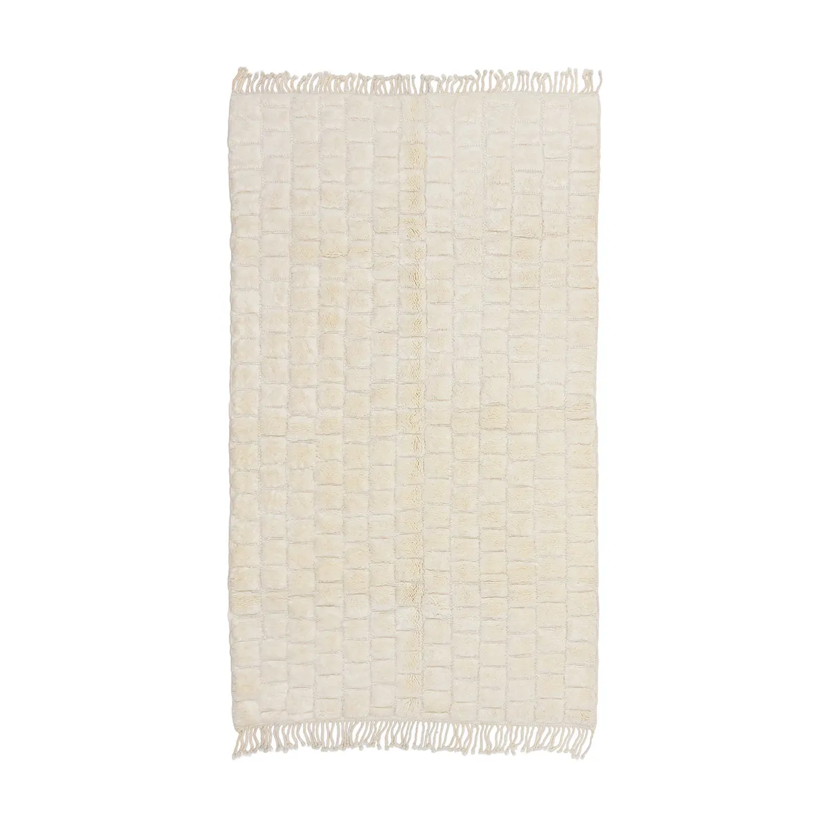 A rectangular, cream-colored rug with a square grid pattern and short fringe on the shorter edges.