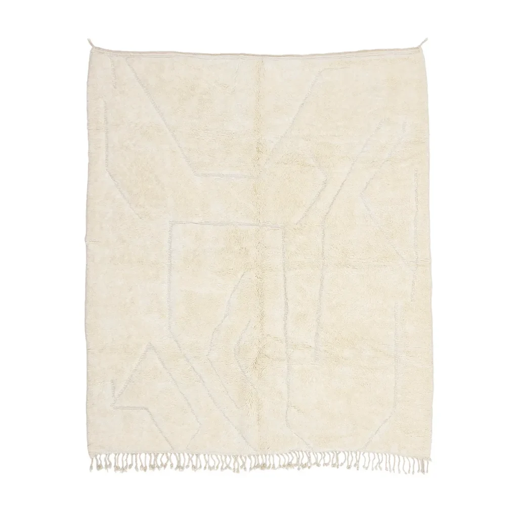 A rectangular cream-colored rug with subtle geometric patterns and fringe tassels along the bottom edge.