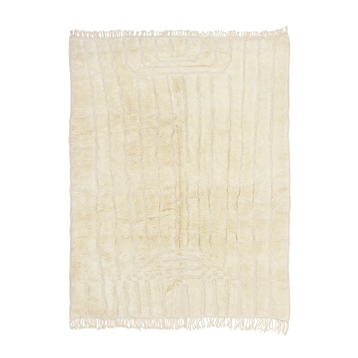 A rectangular, cream-colored area rug with a subtle textured pattern and short fringe on the edges.