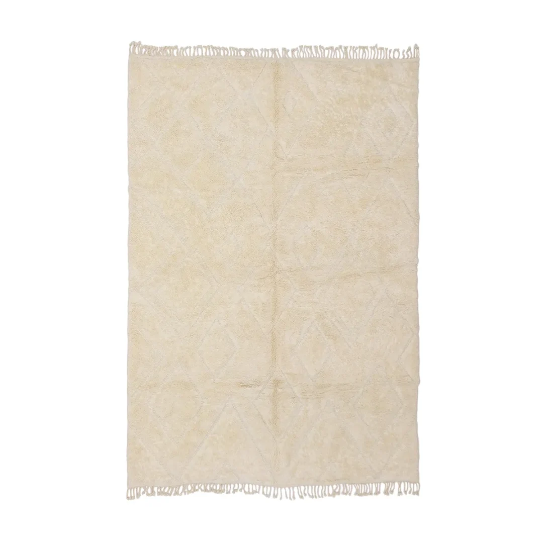 Rectangular off-white rug with a subtle diamond pattern, finished with short fringe on the shorter edges, displayed on a white background.