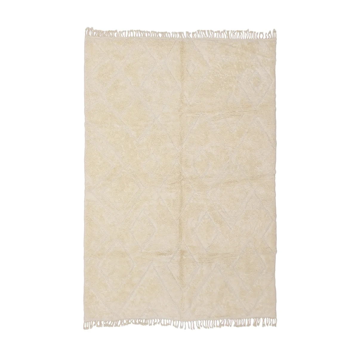 Rectangular off-white rug with a subtle diamond pattern, finished with short fringe on the shorter edges, displayed on a white background.