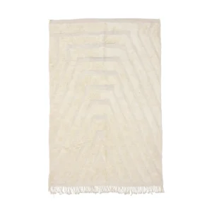 Rectangular cream-colored rug with subtle geometric patterns and fringed edges at the bottom.