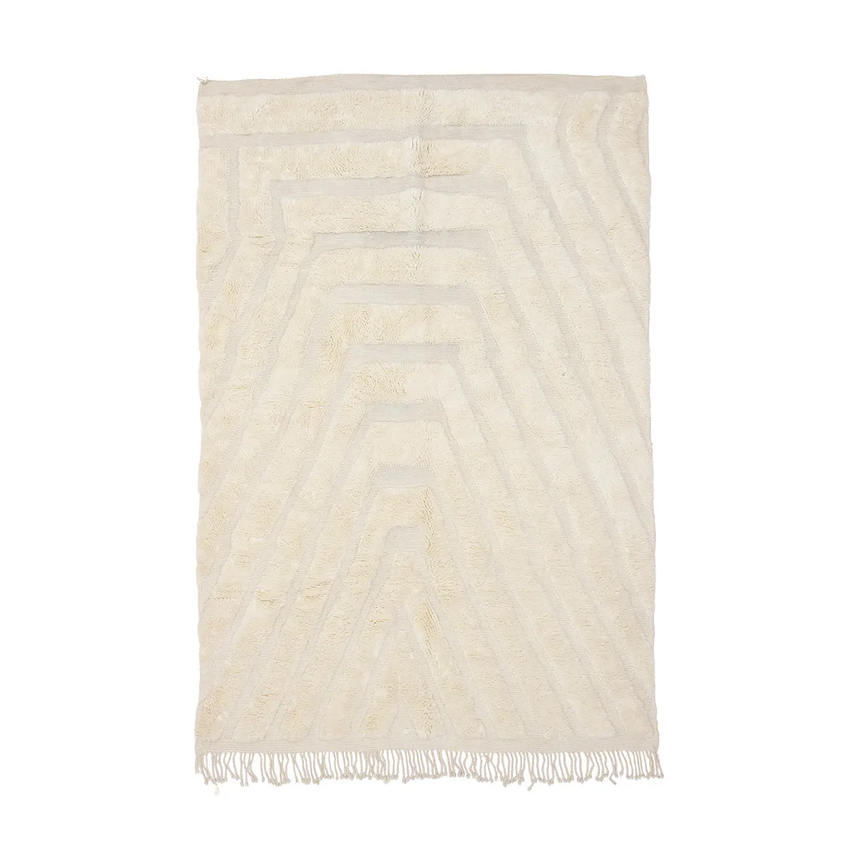 Rectangular cream-colored rug with subtle geometric patterns and fringed edges at the bottom.