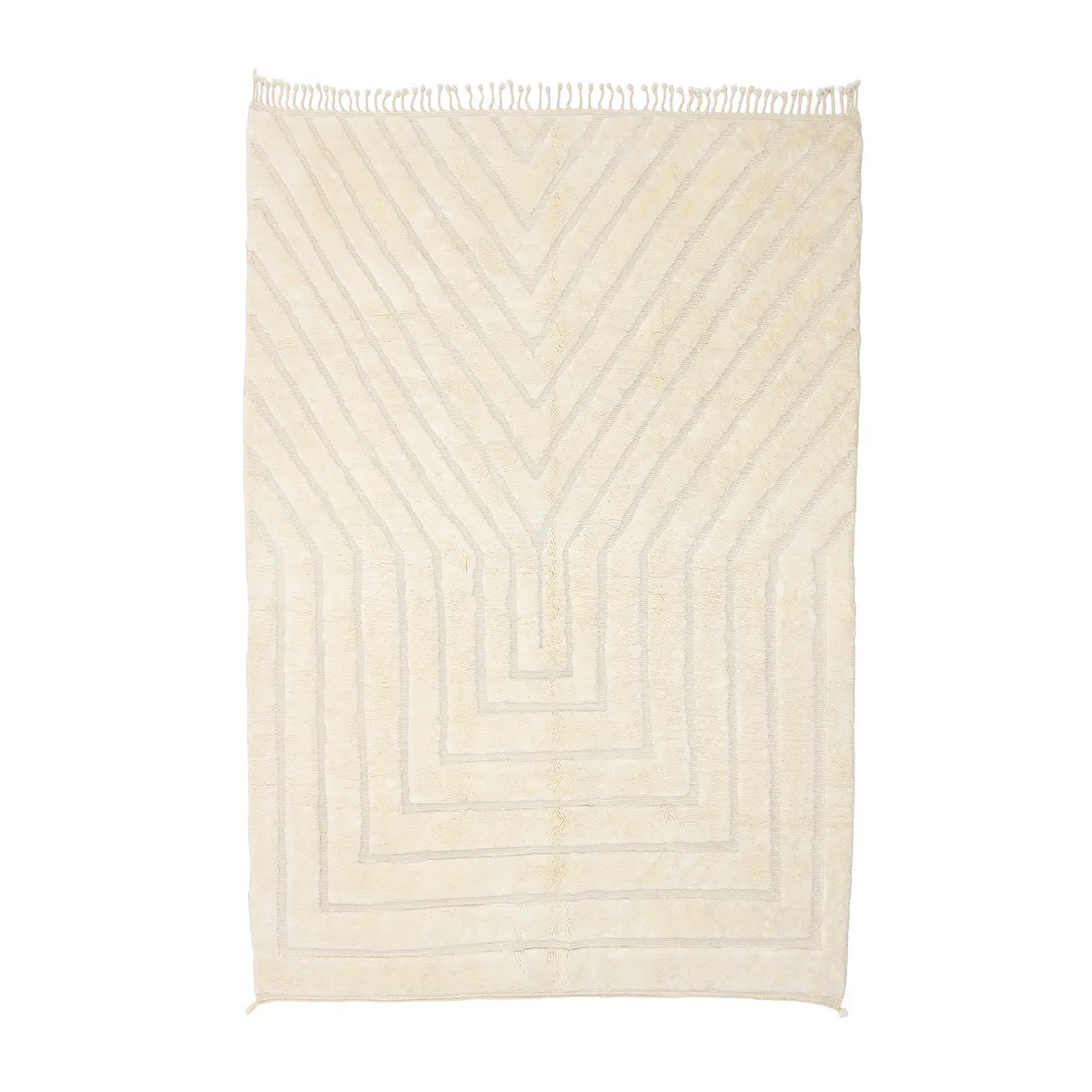 A rectangular beige rug with a textured, geometric chevron pattern and fringe along the top and bottom edges.