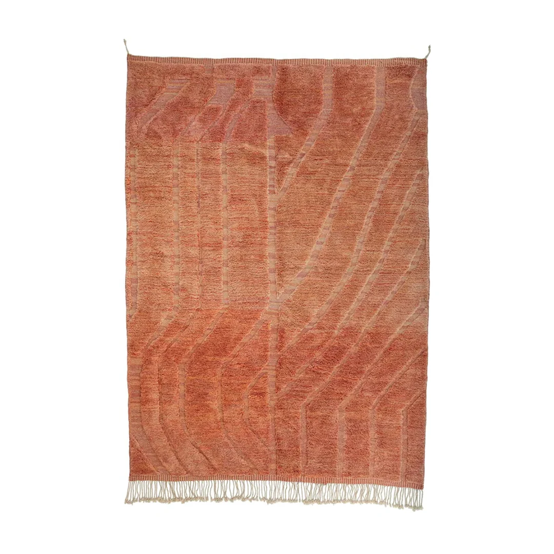 Rectangular area rug with a reddish-orange geometric pattern and cream fringe on one end, displayed flat against a white background.