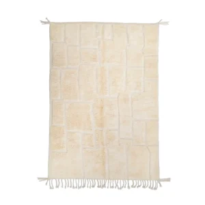 A rectangular cream-colored rug with a geometric pattern and fringe on the short sides.