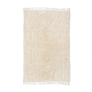A cream-colored rectangular rug with subtle geometric line patterns and short fringe on both shorter edges, displayed on a white background.