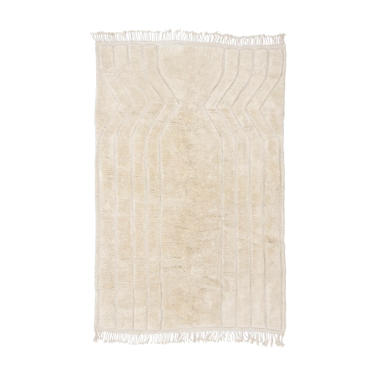 A cream-colored rectangular rug with subtle geometric line patterns and short fringe on both shorter edges, displayed on a white background.